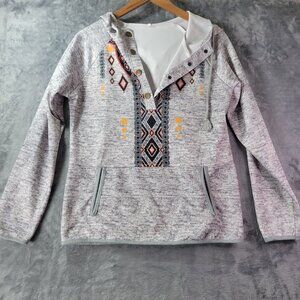 Womens Grey Aztec Print Hoodie Large 100% Cotton Pullover Casual Boho Southwest